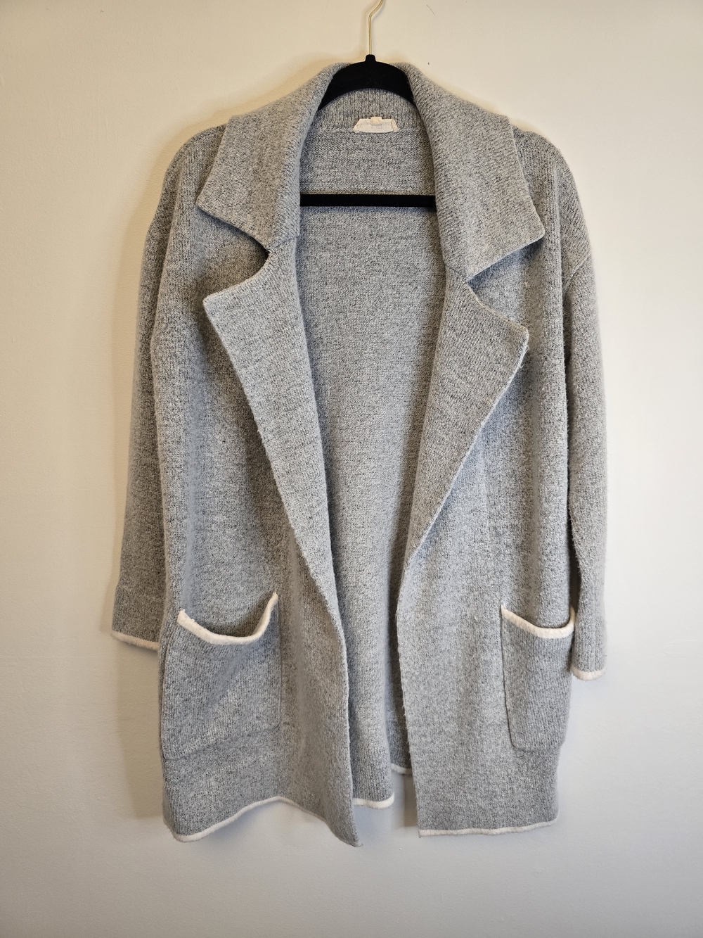 Hem & Thread Light Gray Open-Front Cardigan with Cream Trim